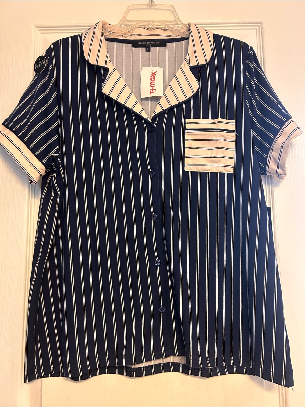 French Connection Pillowy Soft Women's Pajama Top Blue/Cream Stripe NWT Sz Lg